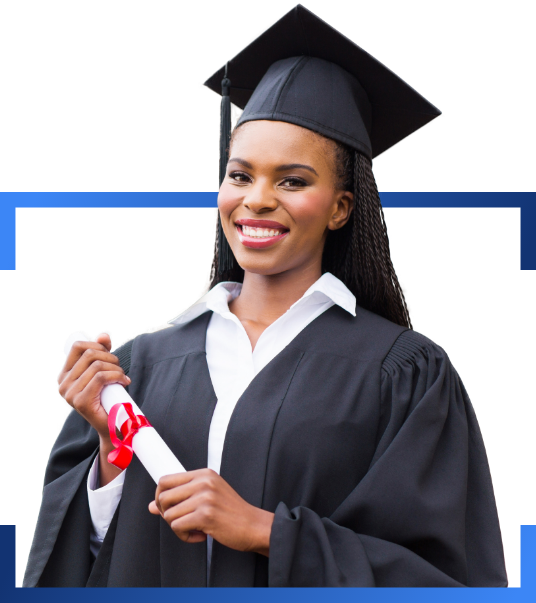 African American woman in graduation robes with diploma