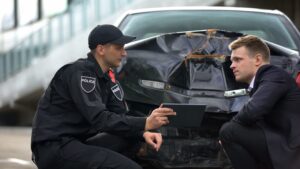 Driver observing policeman with tablet at accident scene, gathering evidence.