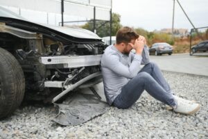 Post-car accident scene: A remorseful man reflects on the damage incurred during the car wreck.