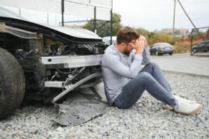 Post-car accident scene: A remorseful man reflects on the damage incurred during the car wreck.