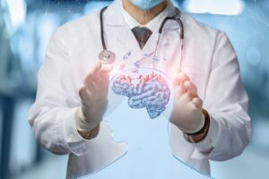 A doctor piecing together puzzles of the brain, symbolizing the treatment of a patient's psyche.