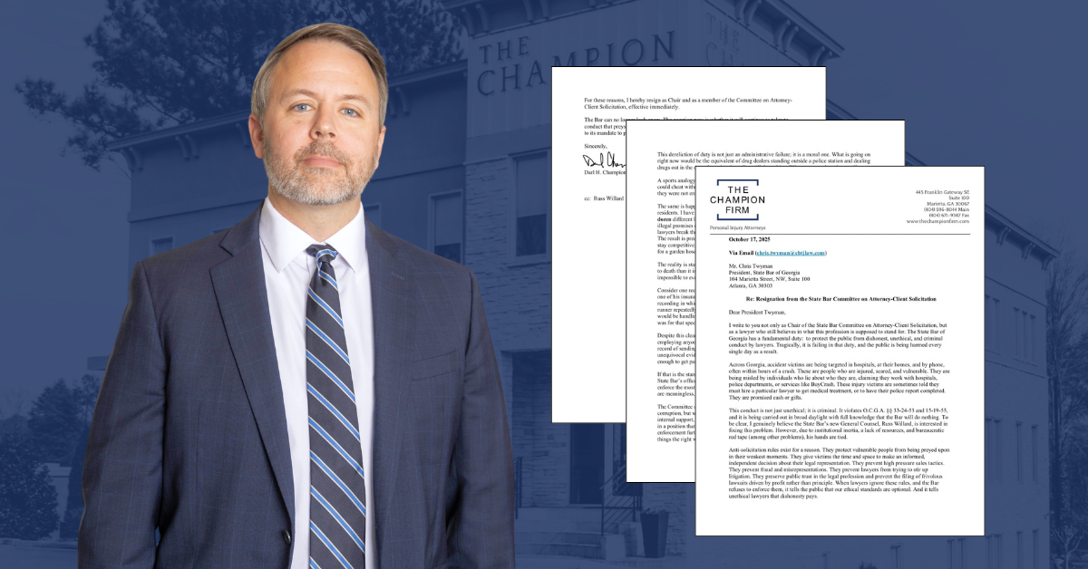 Attorney Darl Champion Resigns as Chair of GA Bar Committee